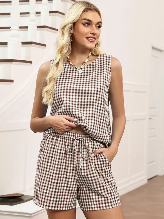 Women's Trendy 2 Piece Outfits Shorts Sets Summer Crew Neck Sleeveless Tank Top - Picture 3 of 7